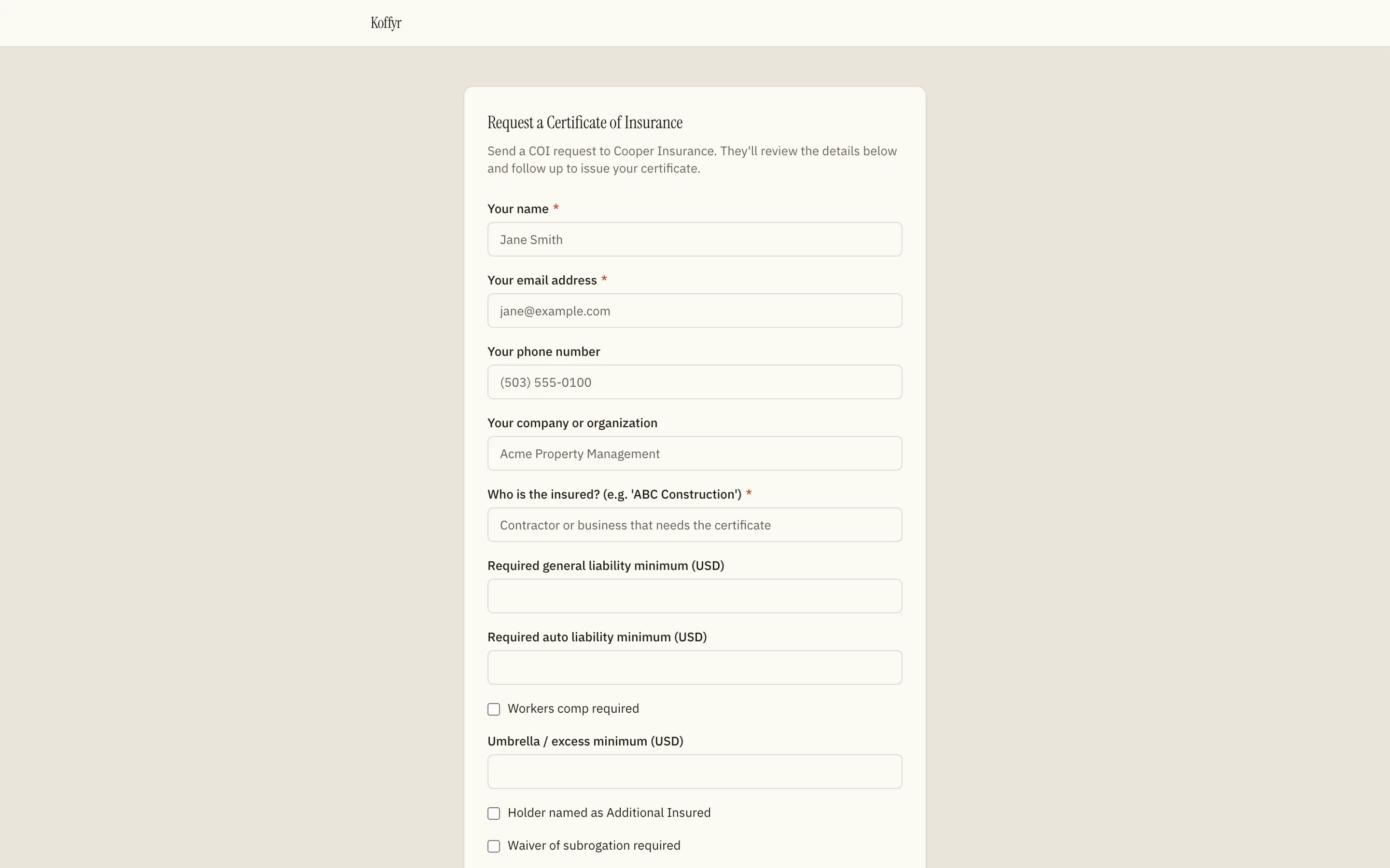 The public certificate-request form a property manager or GC fills out — branded to the agency, no login required