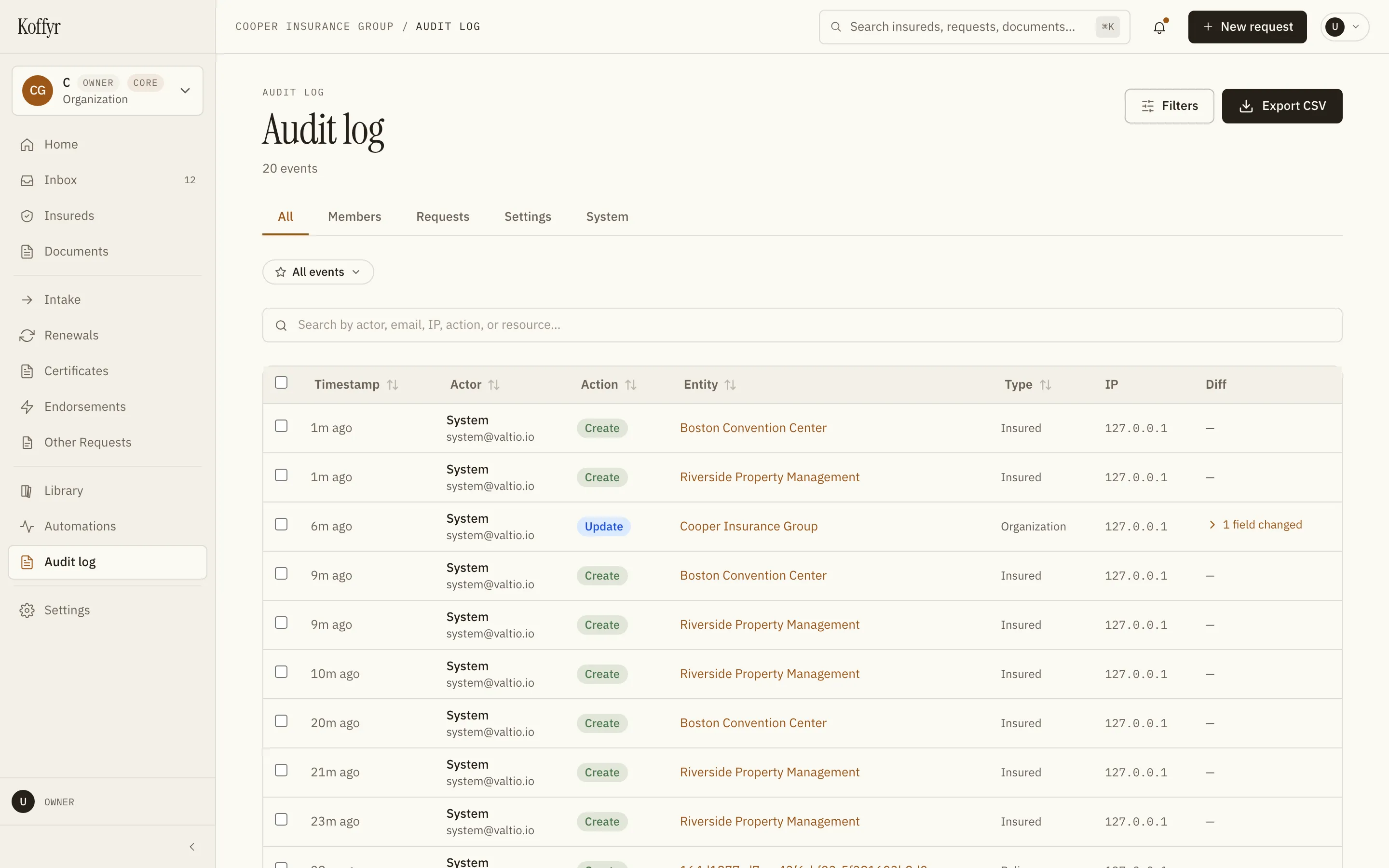 The Koffyr audit log: filterable, exportable, every action stamped with actor, entity, and IP