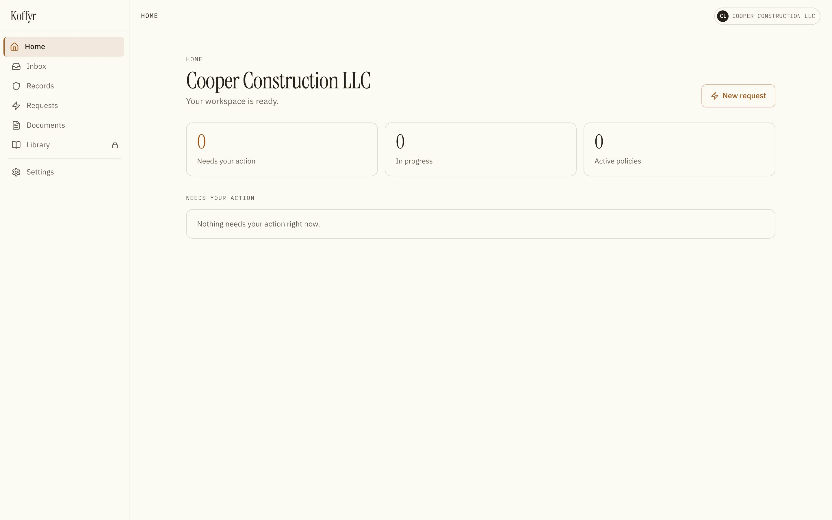 An insured's Koffyr workspace: their records, requests, and documents in one place