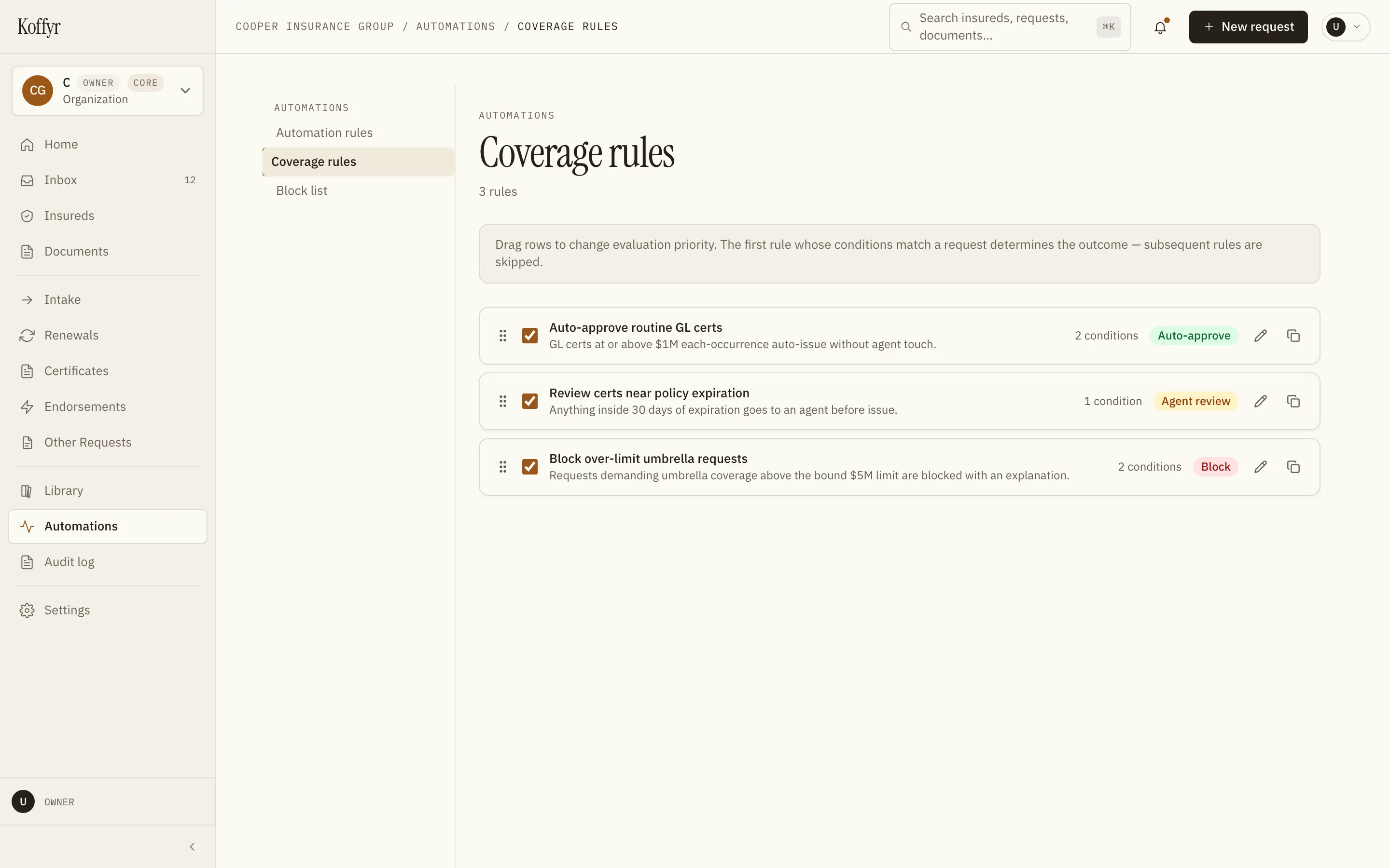 Coverage rules in Koffyr: auto-approve, agent-review, and block rules evaluated in priority order