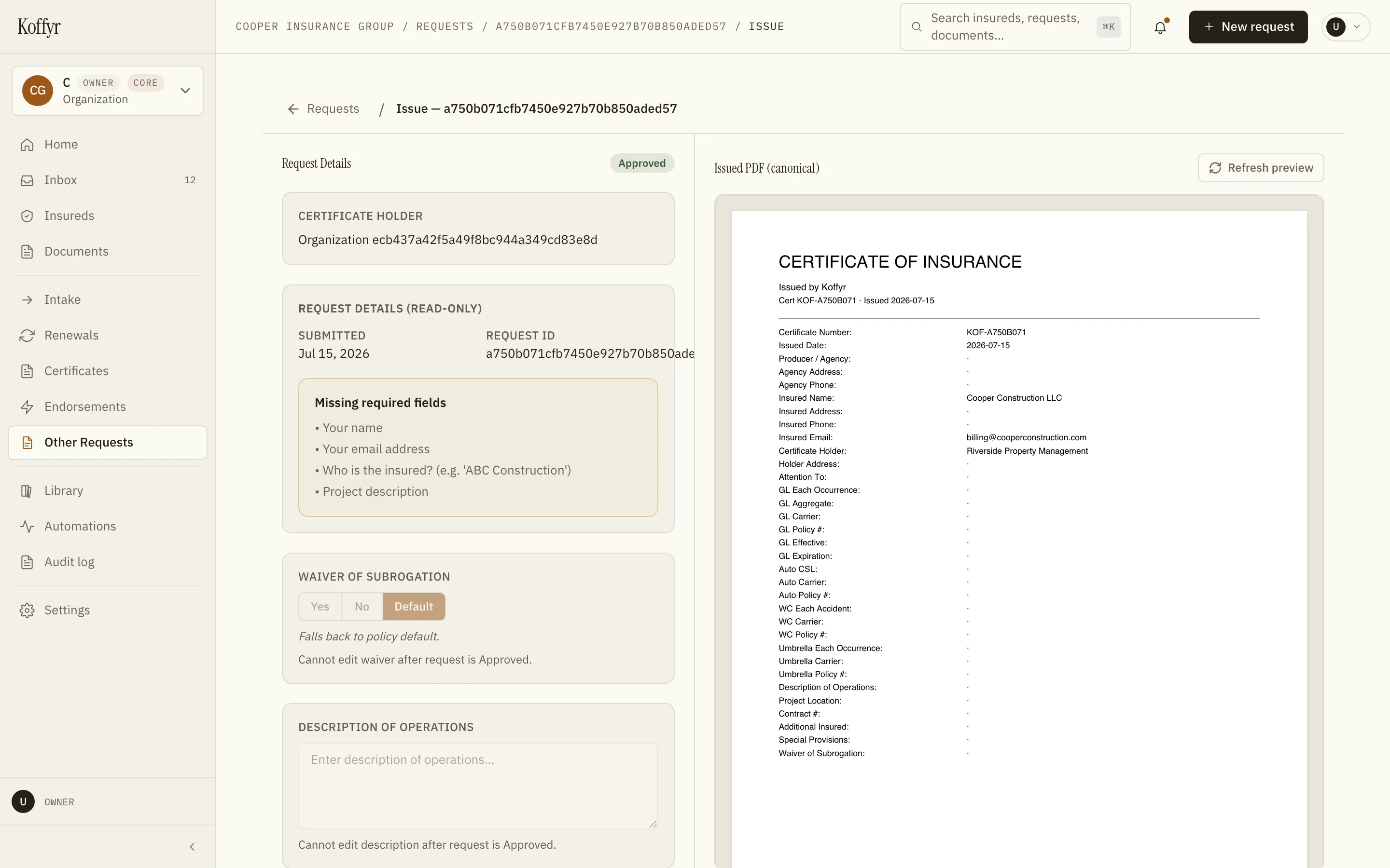 The Koffyr issue page: request details and coverage decisions on the left, the live certificate PDF preview on the right